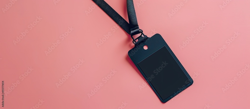 Poster black badge id card with black neck lanyard isolated on pastel background. with copy space image. pl