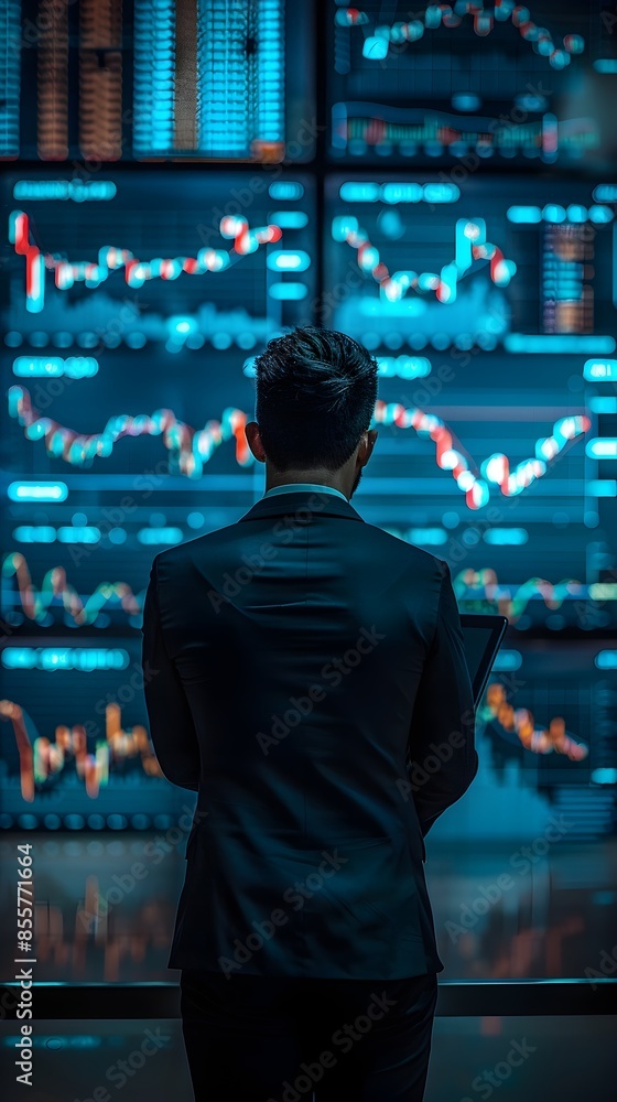 Poster focused businessperson analyzing market data on multiple screens in office setting