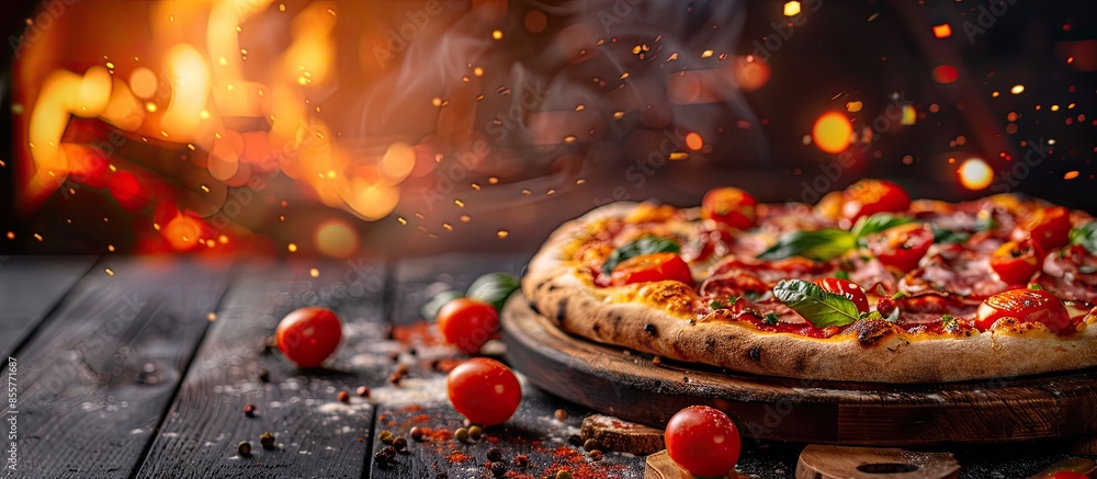 Aufkleber italian pizza with salami and fire flames in wood burning oven. with copy space image. place for add