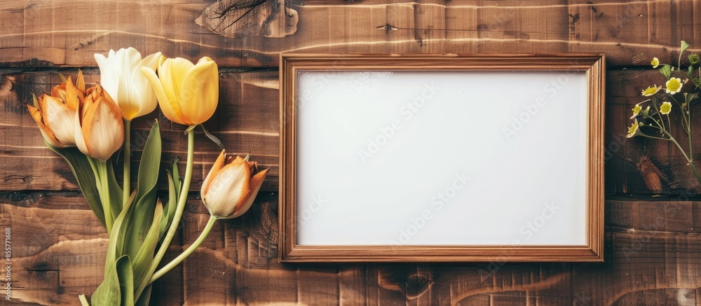 Poster Empty photo frame and beautiful flowers on wooden table, flat lay. Space for design. with copy space image. Place for adding text or design