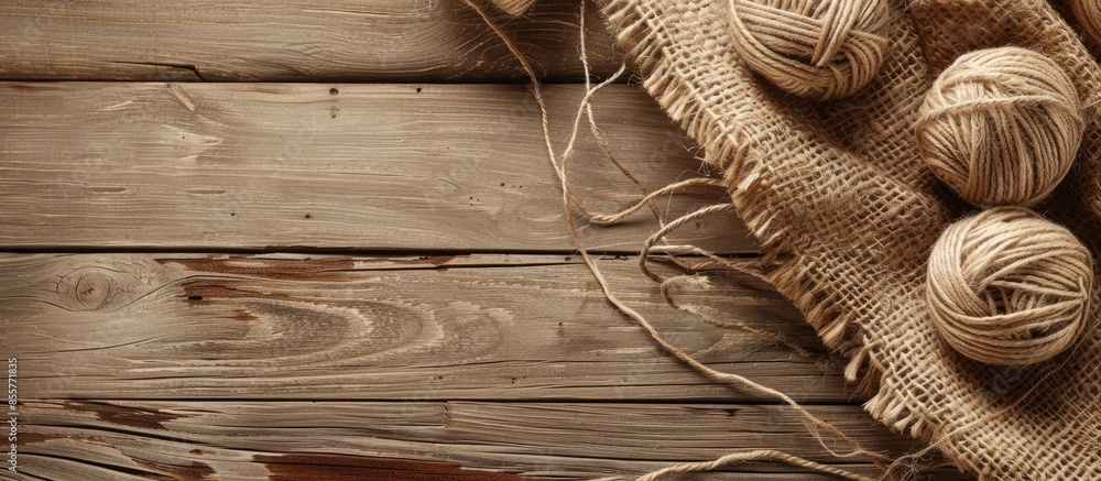 Poster hemp cloth with threads on wooden background, closeup. copy space image. place for adding text or de
