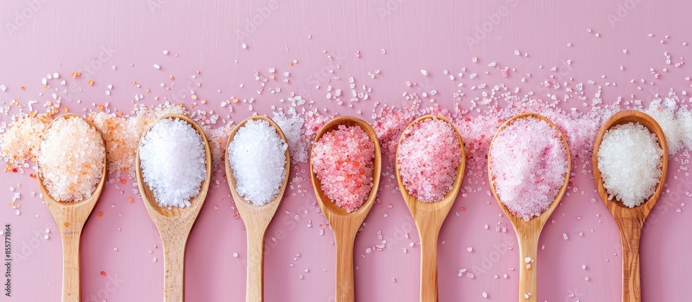 Poster salt is in wooden spoons pastel background texture. with copy space image. place for adding text or 
