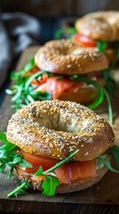 Gourmet smoked salmon bagel with arugula and tomato