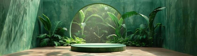 Obraz premium A circular podium surrounded by lush greenery in a room with green walls and an arched opening