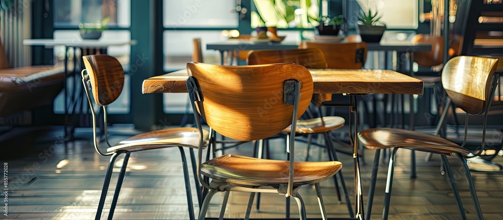 Poster wooden chairs with steel legs that are placed on a wooden table in the community area. with copy spa