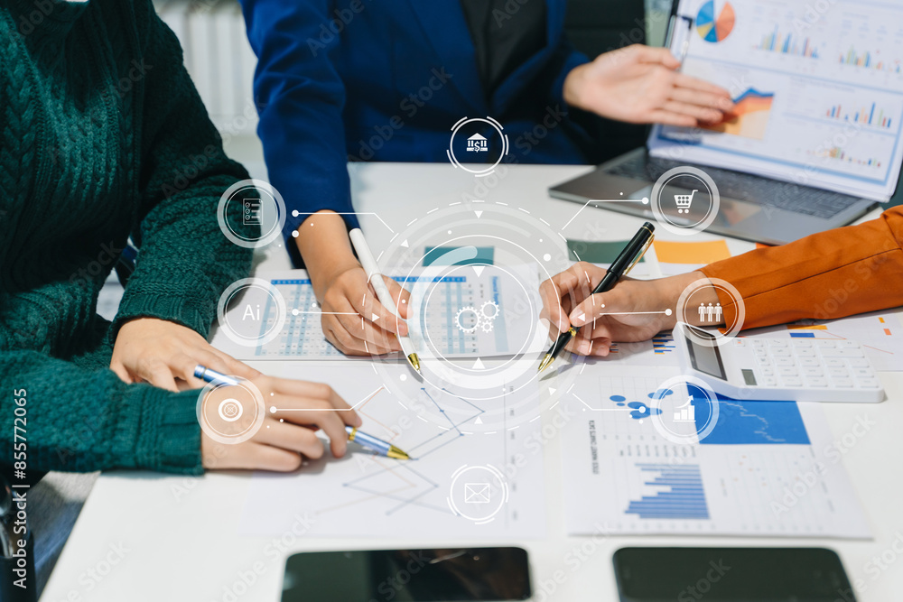 Poster working team meeting concept, business using laptop and smart phone and digital tablet computer with