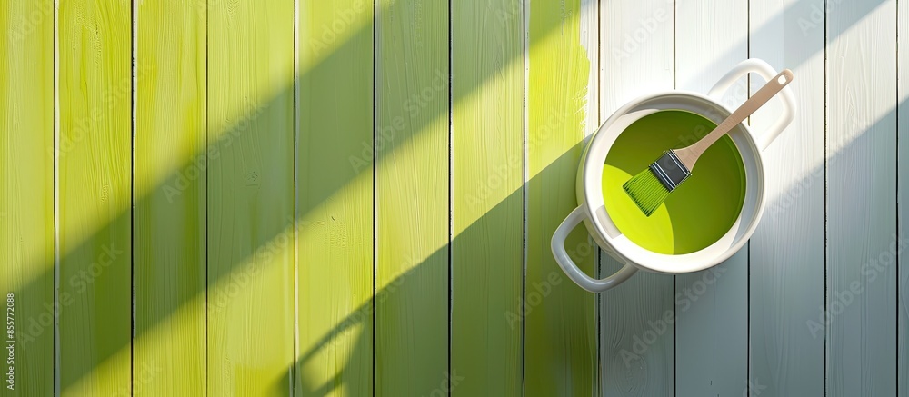 Poster looking down on a paintbrush sitting in a white paint kettle filled with lime green paint on light m