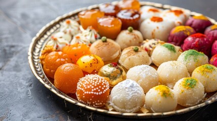 A platter of assorted Indian sweets including gulab jamun, rasgulla, and barfi, served for a festive occasion