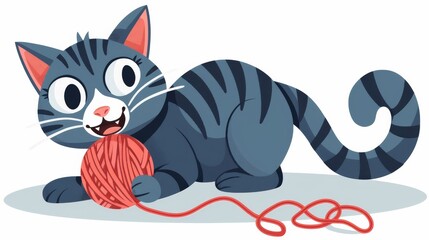 Fototapeta premium Adorable Cartoon Illustration of a Playful Blue Cat Engaging with a Red Yarn Ball.