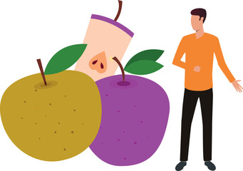 The boy is looking at the fresh fruits.