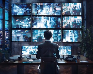 Businessperson Conducting Engaging Online Webinar with Multiple Screens in Modern Office Setup