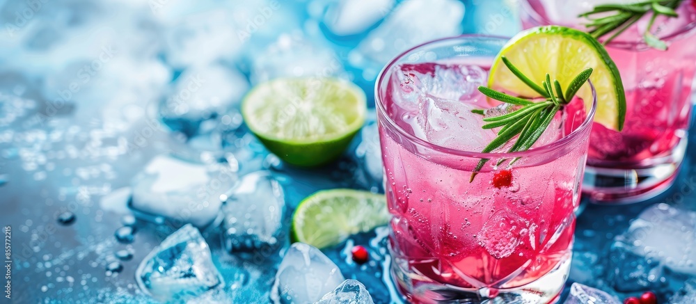 Fototapete Refreshing pink drink or cocktail with ice, garnished with a slice of lime and rosemary. Copy space image. Place for adding text or design