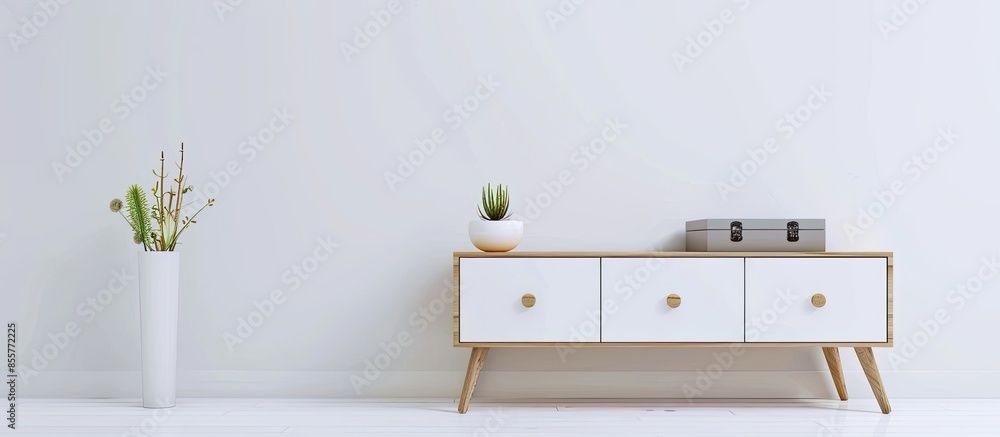 Poster white wooden tv stand, bureau, commode with boxes. modern designer, commode isolated on white backgr