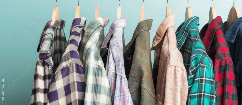 Poster variety of men's different sleeved plaid cotton on a wooden hanger pastel background. with copy spac