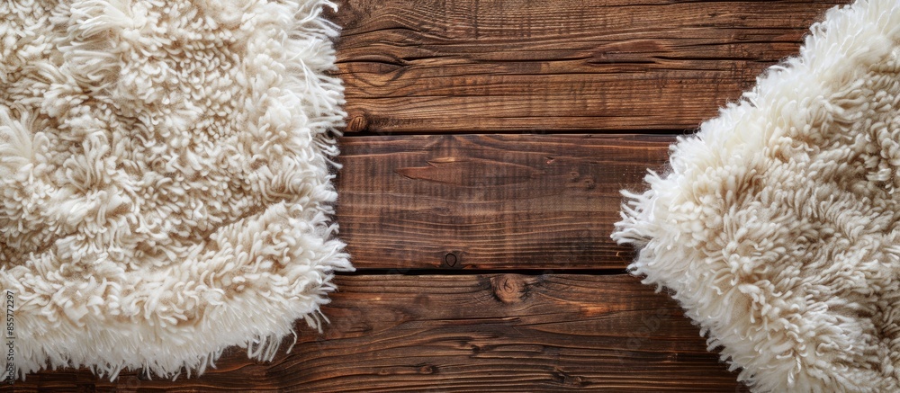Poster Fuzzy carpet on wooden background, top view with space for text. with copy space image. Place for adding text or design