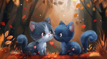 Adorable Whimsical Illustration of Two Blue Kittens in a Heartwarming Autumn Forest Scene.