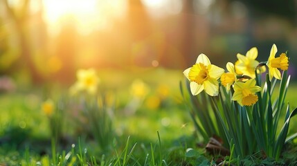 Lovely daffodils blooming under the spring sun in the garden
