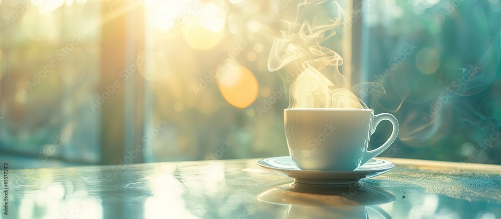 Wall mural one cup hot coffee with smoke on the glass table in the window light in room. with copy space image. - Wall murals