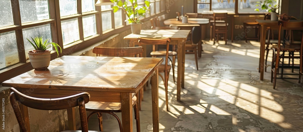 Poster Wooden tables and chairs in the coffee shop. loft style. . with copy space image. Place for adding text or design