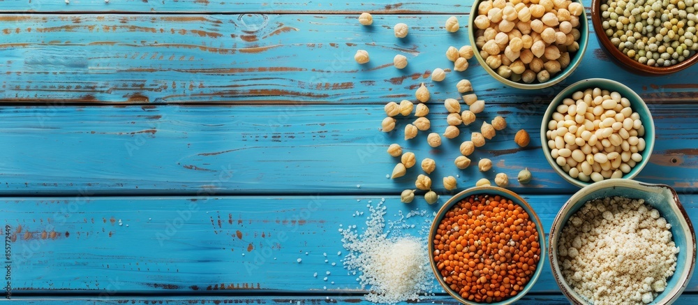 Poster vegan protein sources. top view on a blue wooden background. copy space image. place for adding text