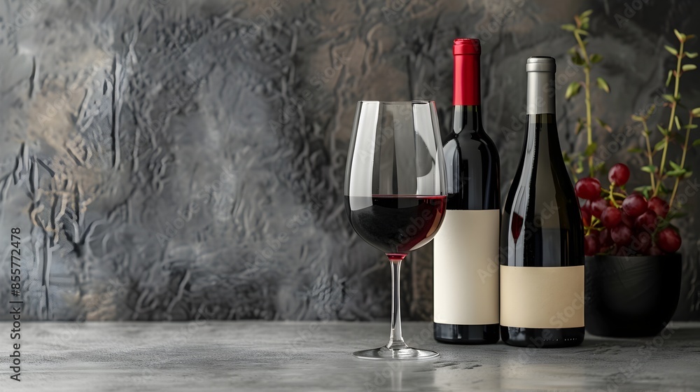 Poster elegant wine bottles and glasses on sophisticated table setting for upscale dining or