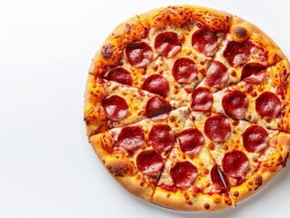 2 Pepperoni pizza with melted cheese slices spread out white background bird's-eye view