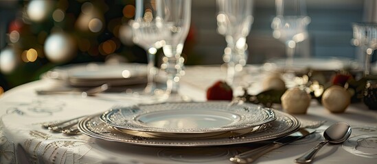 Fototapeta premium Close up of Place settings on elegant dining table . with copy space image. Place for adding text or design