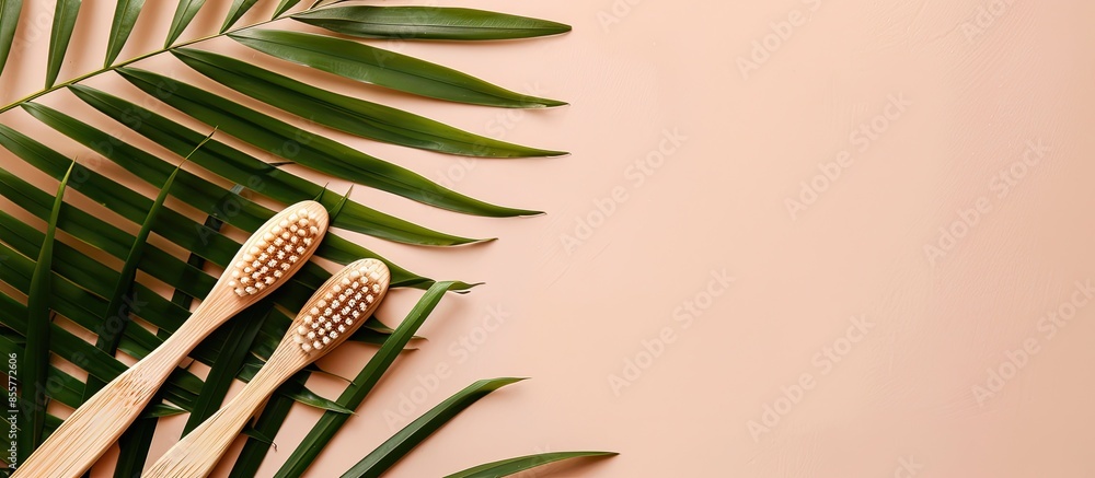 Poster bamboo toothbrushes on pastel background with tropical leaf. Place for text. Ecoproduct. with copy space image. Place for adding text or design