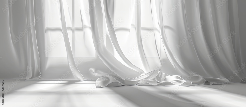 Aufkleber closeup bottom of white fabric curtain, the glass door is behind, with the shadow and the sunlight c