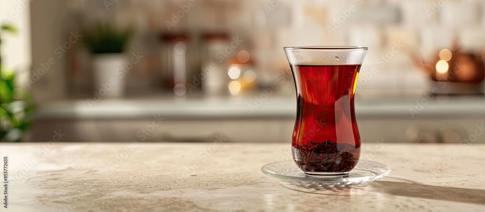 Poster Glass with hot Turkish tea on table in kitchen. with copy space image. Place for adding text or design
