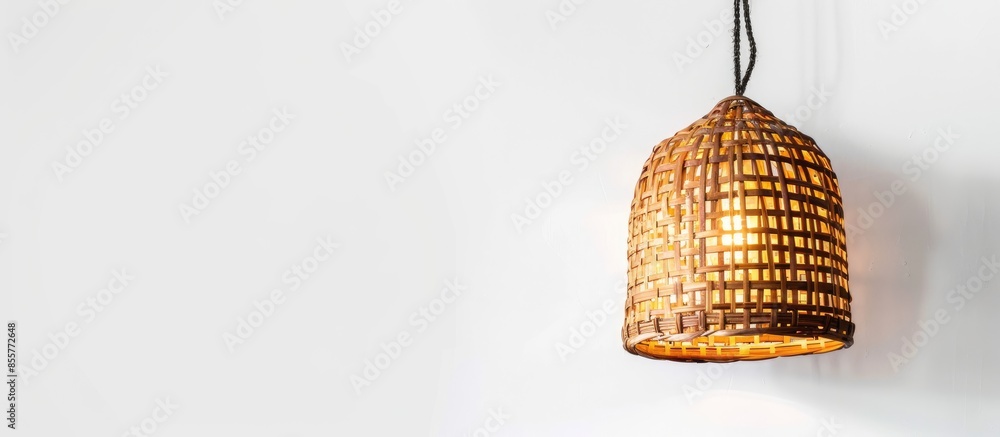 Poster Wicker lamp hanging on white background. with copy space image. Place for adding text or design