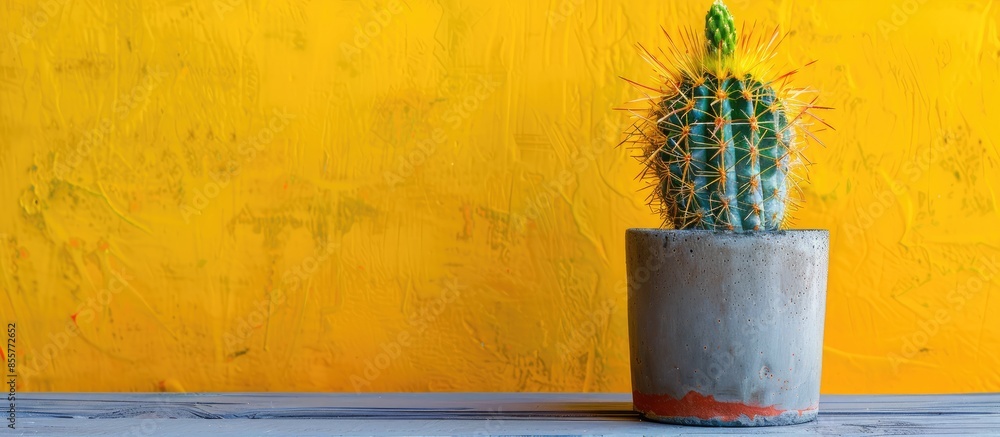 Poster A small cactus in cement pot on wooden and yellow background. with copy space image. Place for adding text or design