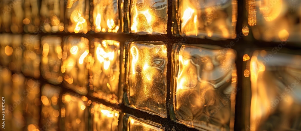 Poster uneven golden light reflects through glass block wall. with copy space image. place for adding text 