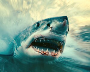 Fototapeta premium Shark attack, nature background close up, dynamic, double exposure, ocean backdrop