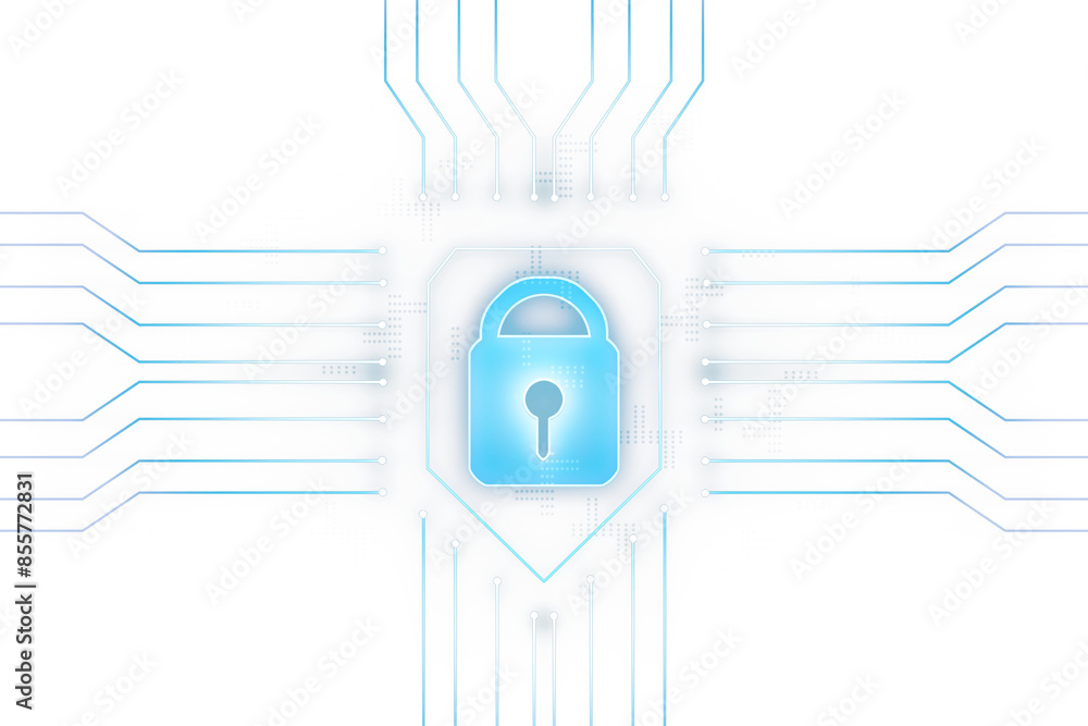Poster a digital padlock illustration symbolizing cybersecurity on a white background with circuit lines, b