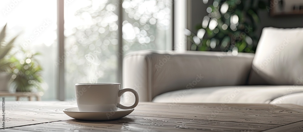 Poster cup with hot drink on coffee table, on home interior background. with copy space image. place for ad