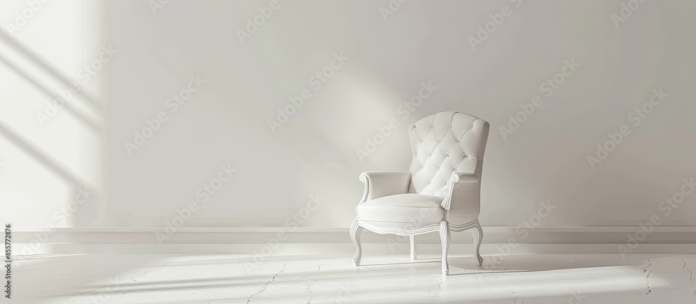 Poster White fabric chair, minimalist style, simply arranged in a warm atmosphere. with copy space image. Place for adding text or design