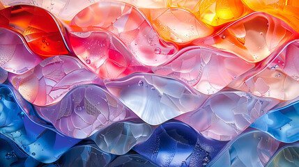 Abstract background showing colorful wavy pattern of overlapping glass pieces with intricate details