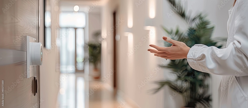 Aufkleber Concept of house security. Vertical cropped view of woman hand holds the intercom receiver headset, standing in apartment hall. with copy space image. Place for adding text or design