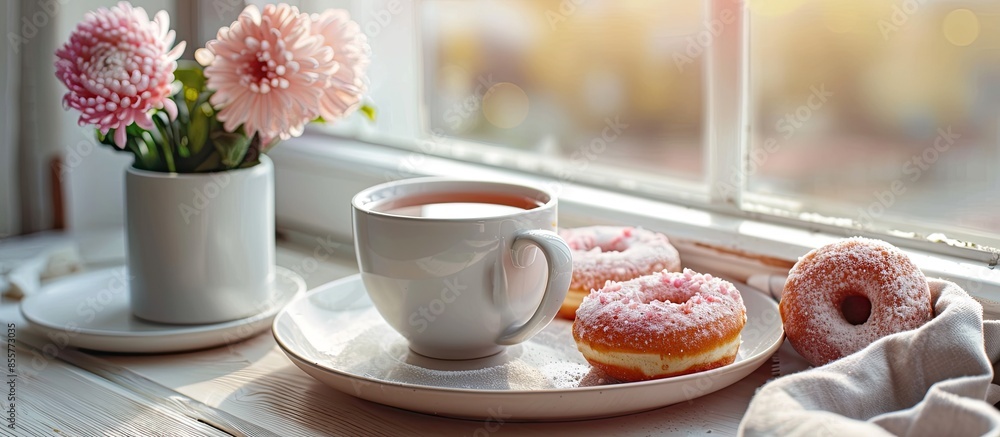 Poster Tray with cup of tea and doughnuts near windowsill. with copy space image. Place for adding text or design