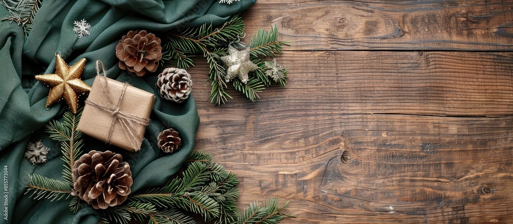 Poster fabric wrapped gifts and wooden christmas decorations. with copy space image. place for adding text 