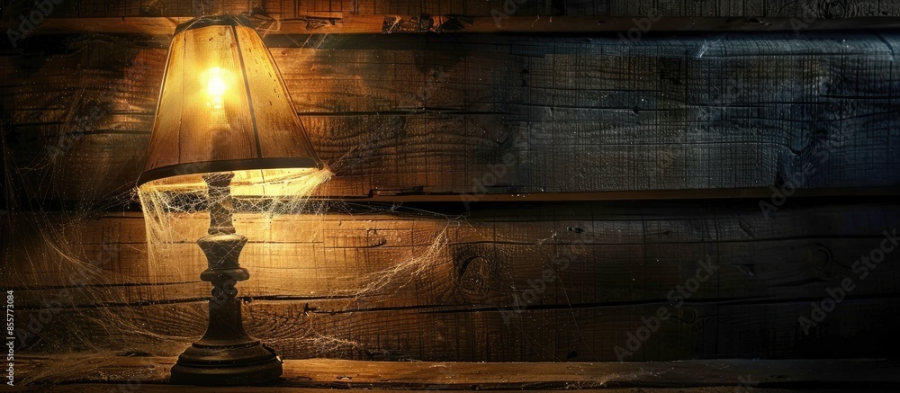 Poster dirt dust and cobwebs on the lighted lamp inside an old wooden house. with copy space image. place f