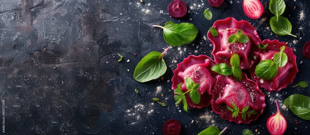 Poster three fresh homemade raw ravioli with red beet infilling. with copy space image. Place for adding text or design