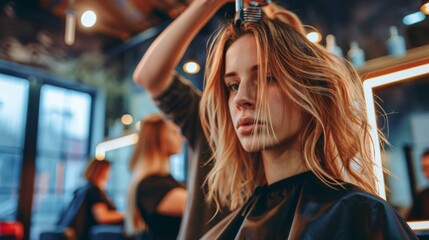 Fototapeta premium A professional hairdresser applying highlights to a client's hair in a modern salon with bright lighting