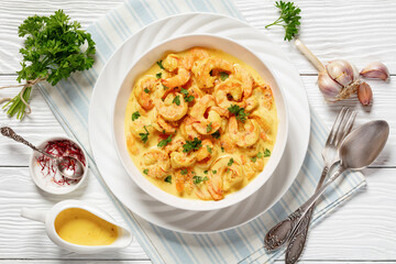 Sauteed Shrimp in creamy saffron sauce, top view