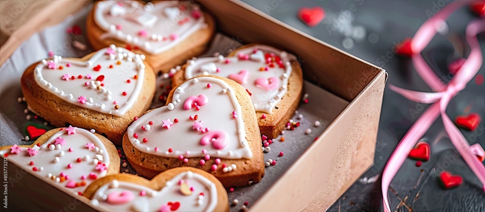 Poster Step by step recipe of making cookies for valentine's day. Biscuits with icing and sweet sprinkles in box. Copy space image. Place for adding text or design