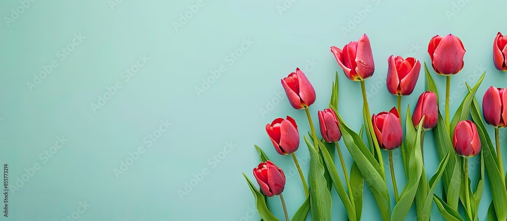 Poster bunch red tulips isolated on pastel background, top view. with copy space image. place for adding te