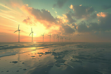 Generative ai on theme of wind power farm with rotation propellers, does not pollute environment