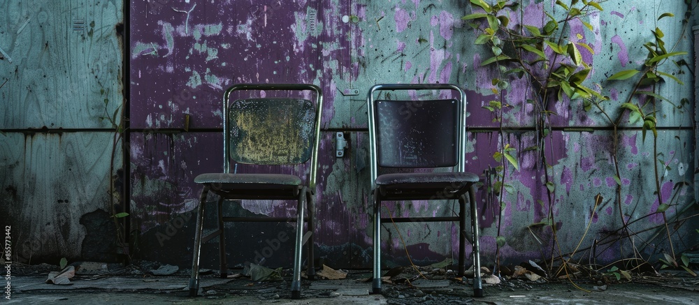 Aufkleber old abandoned steel chairs. broken, black and purple colour. . with copy space image. place for addi
