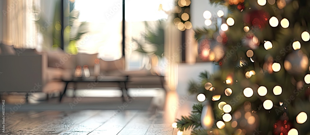 Aufkleber Defocused background Living room with christmas tree. with copy space image. Place for adding text or design